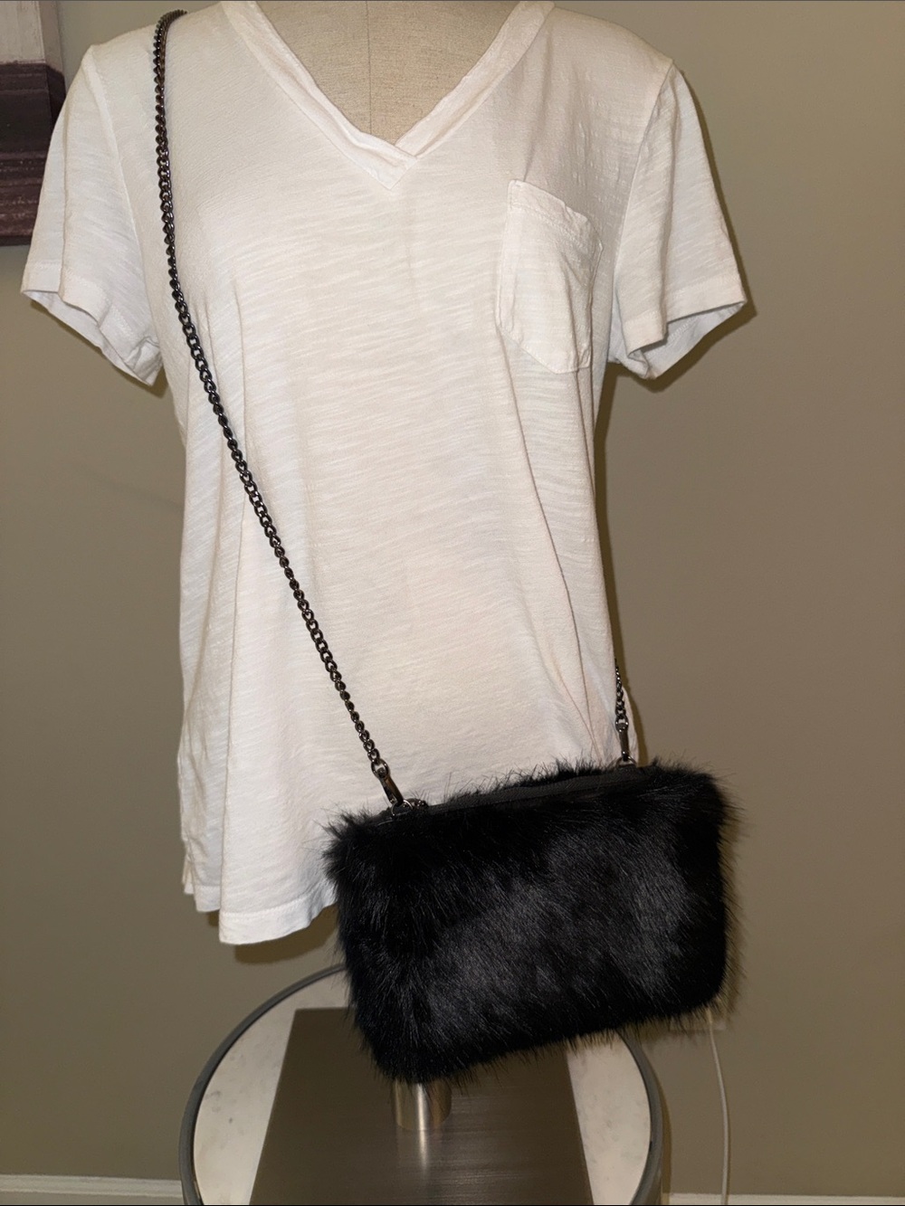 Street Level Black Faux Fur Crossbody Bag with Chain Strap